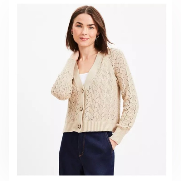 LOFT Sweaters - LOFT Natural Jute Pointelle V-Neck Cardigan- 100% Cotton